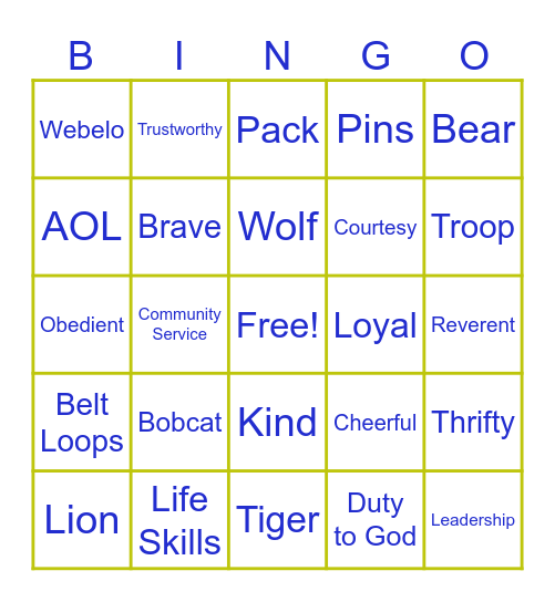 Pack 88 Bobcat Bingo Card