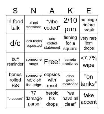 Snake? Snake!? Snaaaaaake! Bingo Card