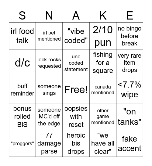 Snake? Snake!? Snaaaaaake! Bingo Card