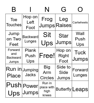 Physical Activity Bingo Card