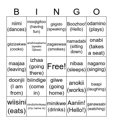 Anishinaabe Bingo (Verbs) Bingo Card