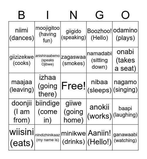 Anishinaabe Bingo (Verbs) Bingo Card