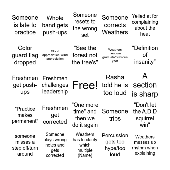 Marching Band Bingo Card
