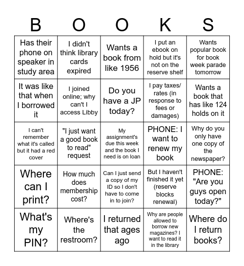 Library Customer Service Bingo Card