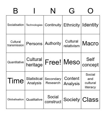 Society and Culture Bingo Card
