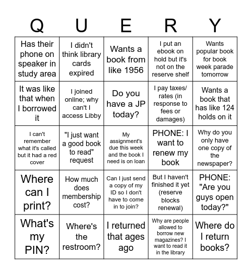 Library Customer Service Bingo Card