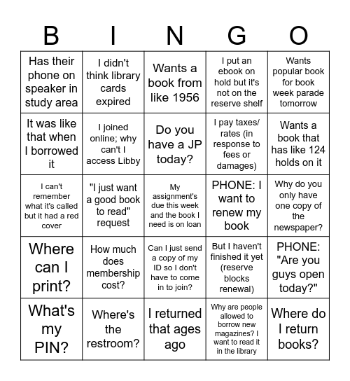 Library Customer Service Bingo Card