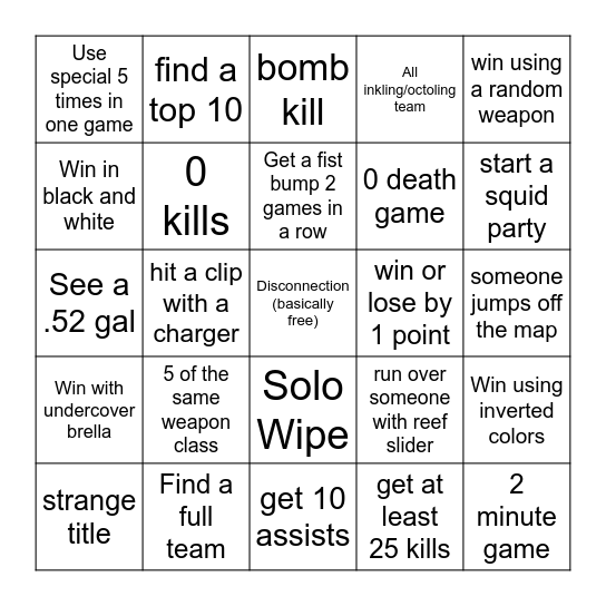 Splatoon Bingo Card