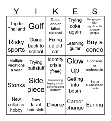 Midlife Crisis Bingo Card