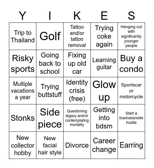 Midlife Crisis Bingo Card
