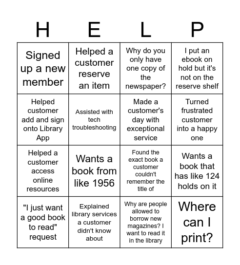 Library Customer Service Bingo Card