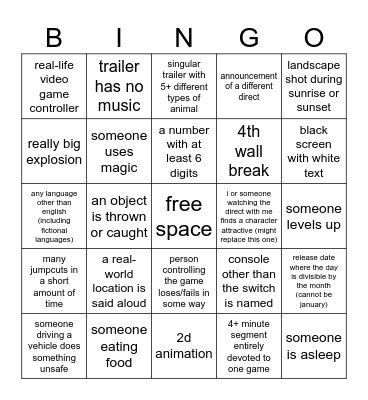 Nintendo Direct Bingo Card