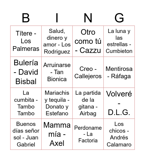 Bingo Musical Bingo Card