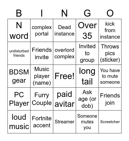 VR Chat Bingo Card