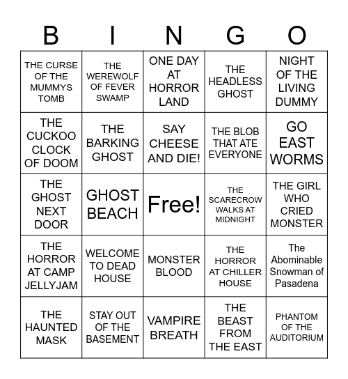 GOOSEBUMPS BOOK TITLES Bingo Card