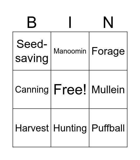 Autumn Sustenance Bingo Card