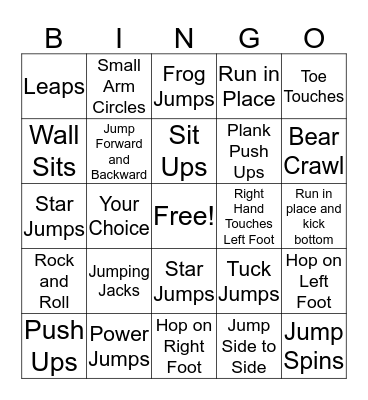 Physical Activity Bingo Card