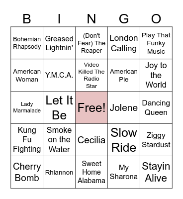 1970s Music Bingo Card