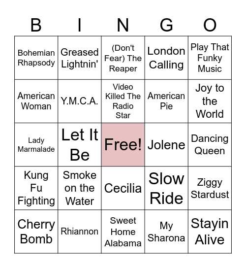 1970s Music Bingo Card