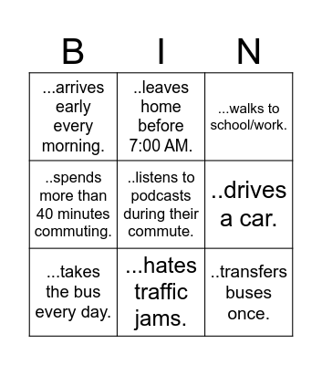 Describing Commutes Bingo Card