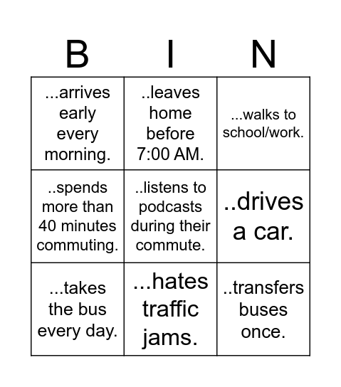 Describing Commutes Bingo Card