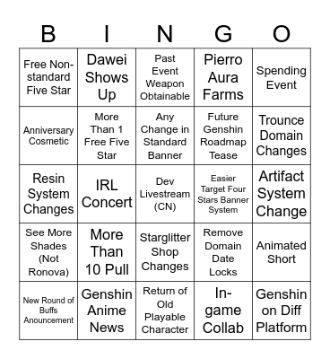 Genshin 6th Anniversary Bingo Card