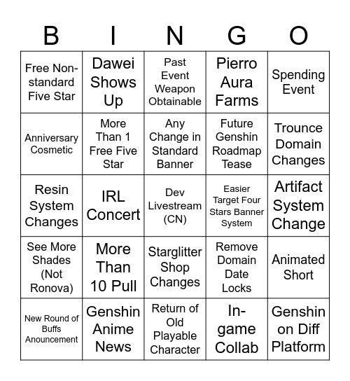 Genshin 6th Anniversary Bingo Card