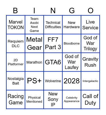 Sony State of Play September 2026 Bingo Card