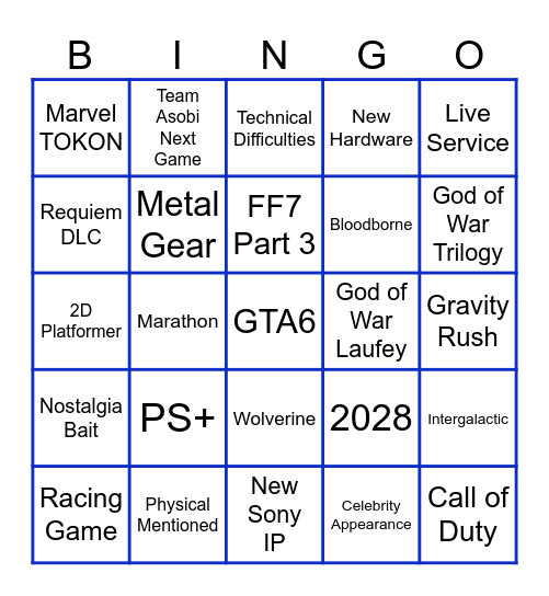 Sony State of Play September 2026 Bingo Card