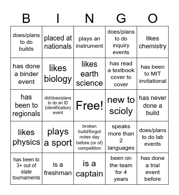 Scioly Icebreaker! Bingo Card