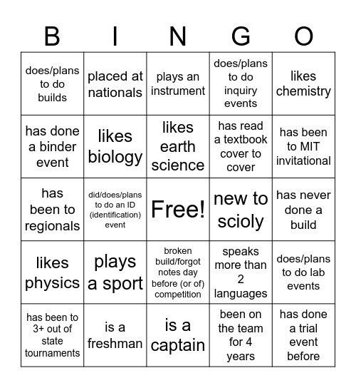 Scioly Icebreaker! Bingo Card