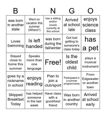 First Day of School Bingo Card