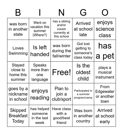 First Day of School Bingo Card