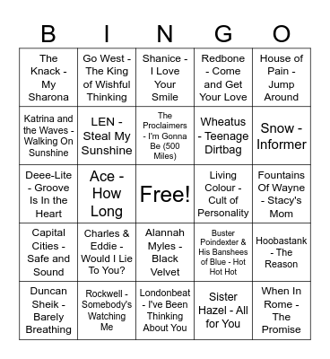 One Hit Wonders - 1 Bingo Card