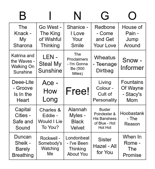 One Hit Wonders - 1 Bingo Card