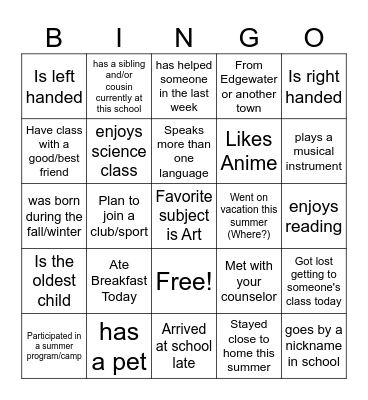 First Day of School Bingo Card