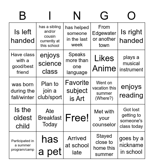 First Day of School Bingo Card