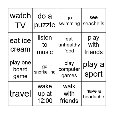 Holidays Bingo Card