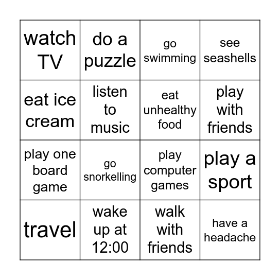 Holidays Bingo Card