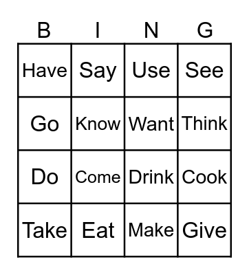Verbs Bingo Card