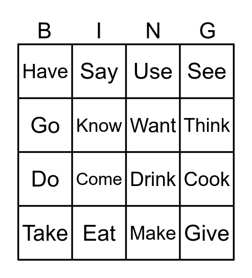 Verbs Bingo Card