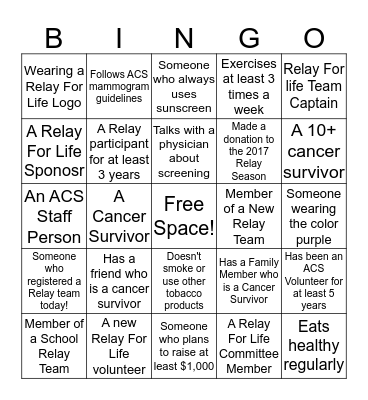 Relay For Life Scavenger Hunt Bingo Card