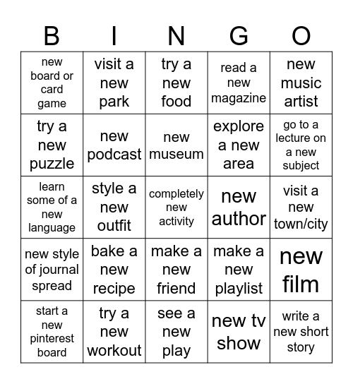 new things bingo Card