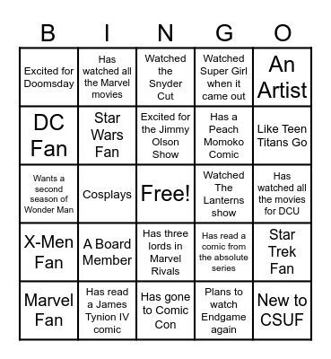 Comic Club Bingo Card