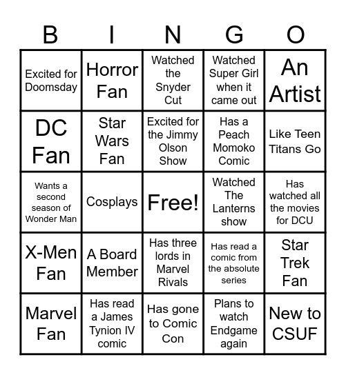 Comic Club Bingo Card