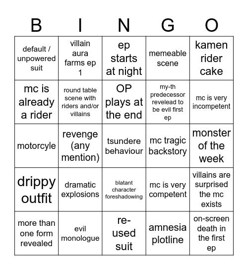 Kamen Rider My-Th First Ep Bingo Card