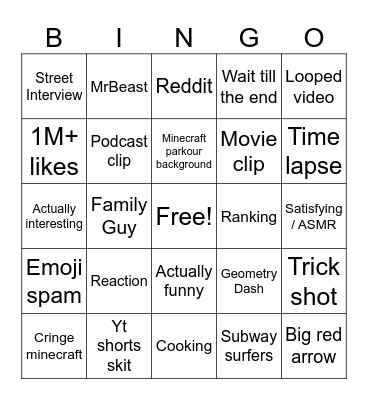 YouTube Shorts Bingo Card