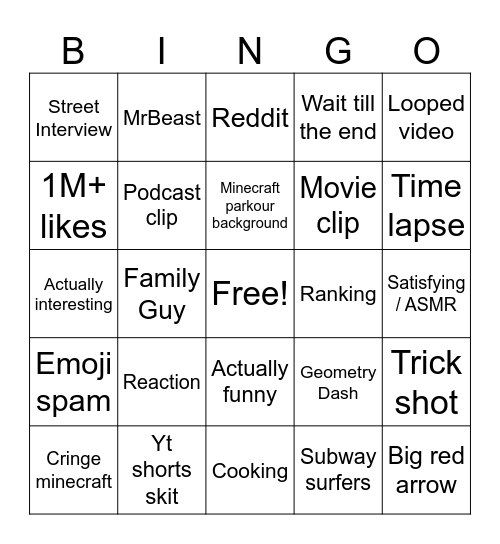 YouTube Shorts Bingo Card
