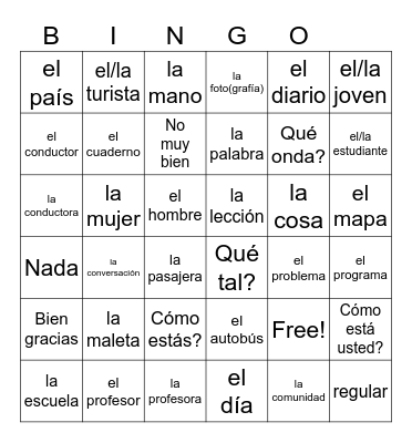 Hola Que tal? Vocabulary Bingo Card