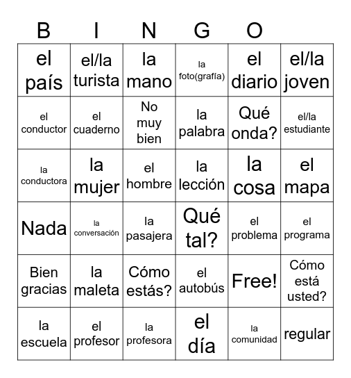 Hola Que tal? Vocabulary Bingo Card